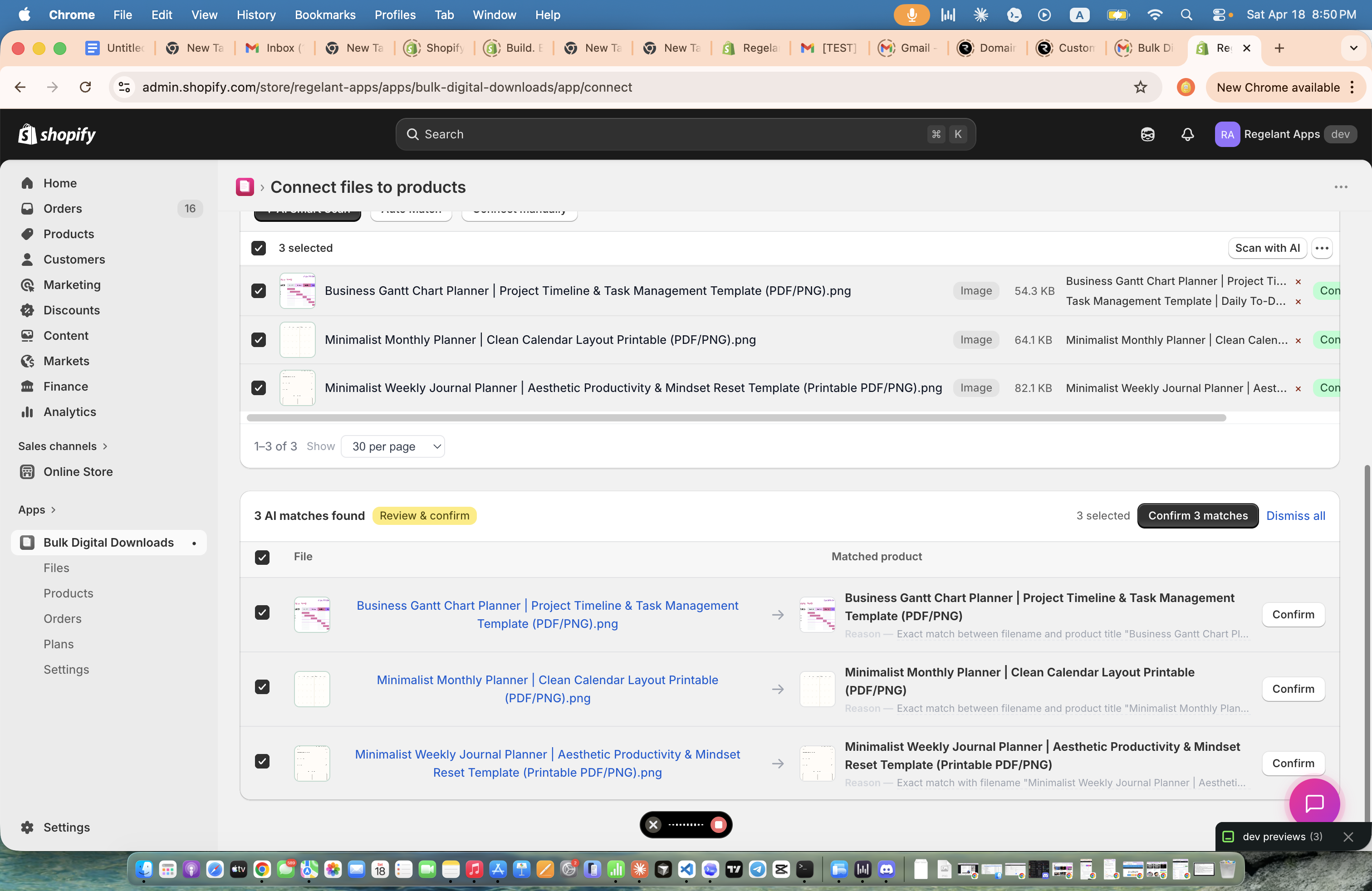 AI matching results showing files matched to Shopify products with reasons