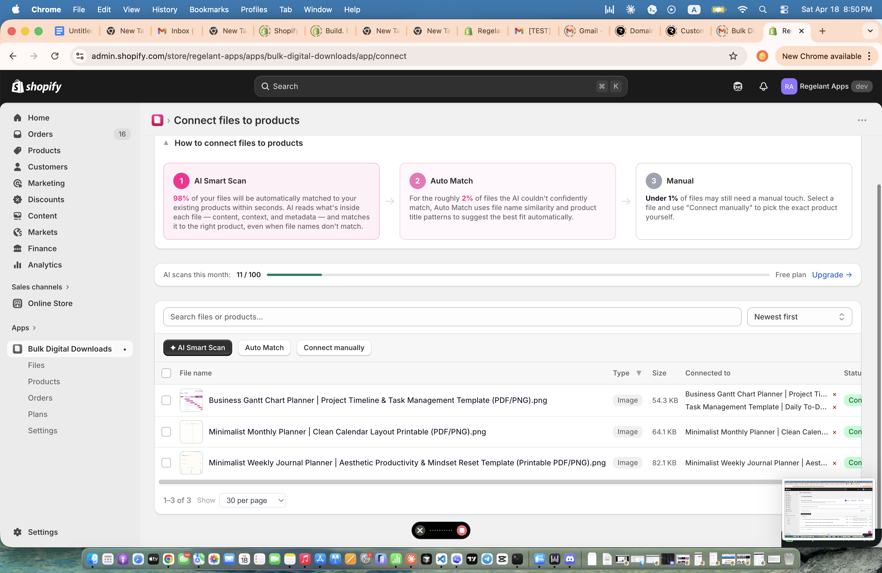 Connect Files to Products screen showing AI Smart Scan, Auto Match, and Manual selection methods
