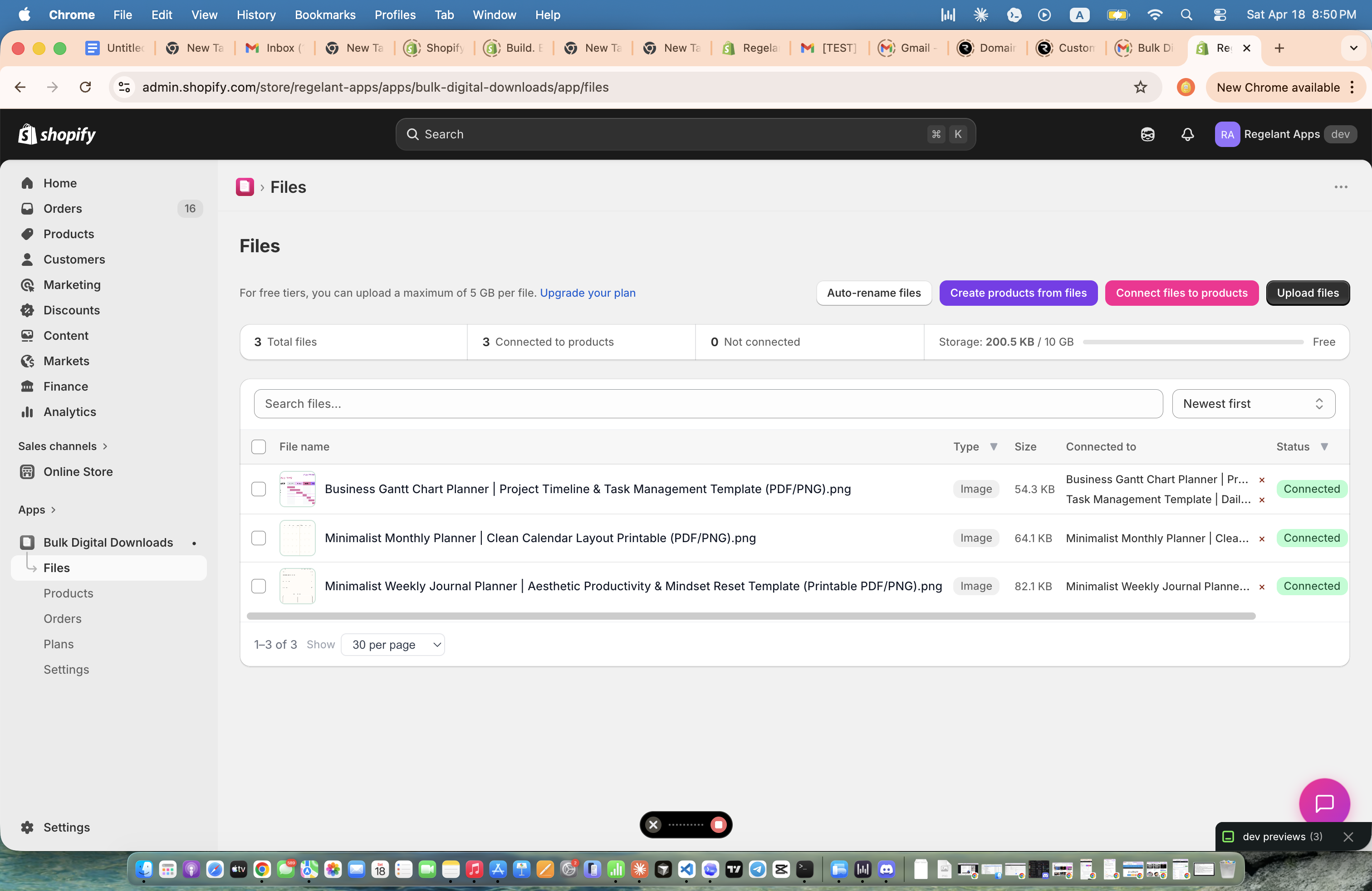 Files library showing file management interface with type badges and connection status