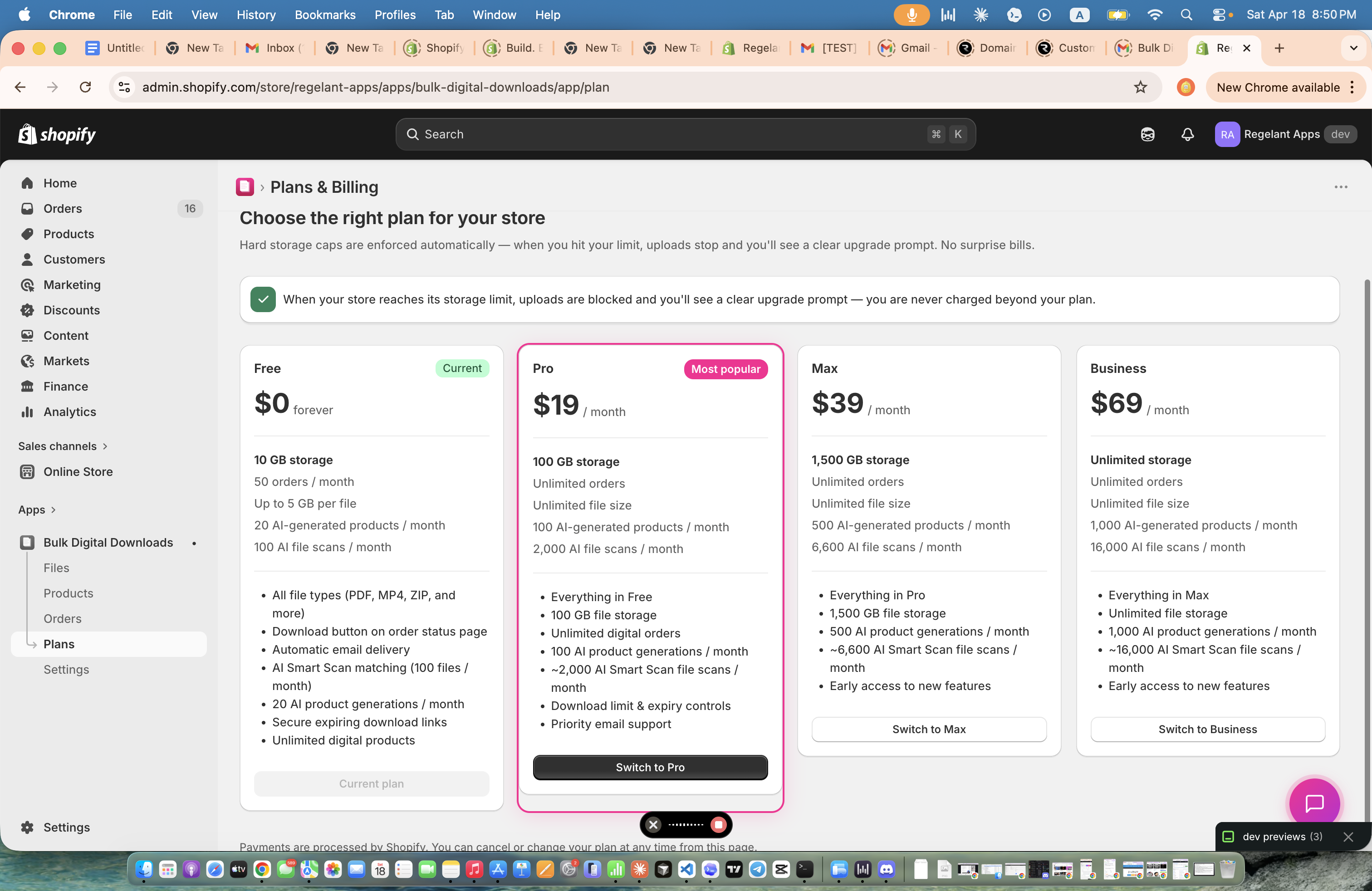 Plans and Billing screen showing all four pricing tiers